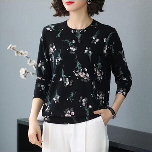 Retro womens floral round neck pullover loose sweater 2020 early autumn printed sweater top plus size Knitted womens clothing