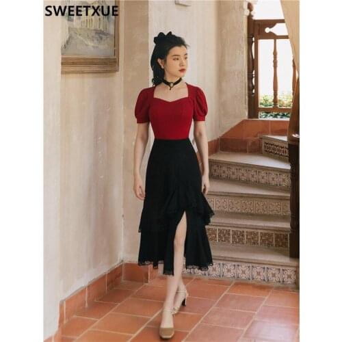 SWEETXUE Women 2021 Summer Red Tight-fitting Tshirt + Split Lace Patchwork Ruffle Skirt Fashion Retro Sexy Two-Piece Set Outfits