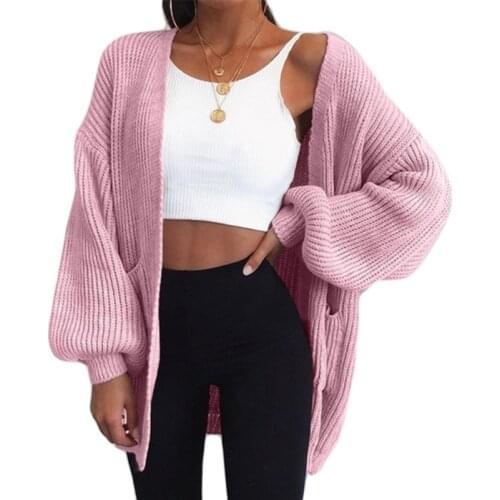 Women Autumn Lantern Sleeves Sweater Cardigan Solid Color Open Front Knitted Outwear Casual Loose Midi Long Coat Streetwear with
