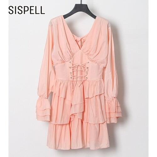 SISPELL Patchwork Ruffle Sleeve Dresses For Female V Neck Lantenr Long Sleeve High Waist Slimming Patchwork Strap Womens Dress