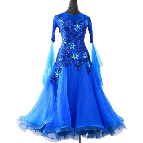 NEW ballroom dance competition standard dress women, lycra standard ballroom dress Mesh Long Sleeve dresses royal blue
