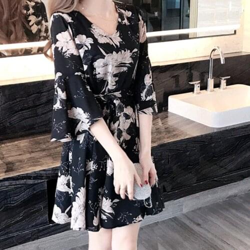 Women Dress Printing Knee Length Half Sleeve V-neck Loose Elegant Dress V Neck Butterfly Sleeve Dress Sukienki Damskie #P3