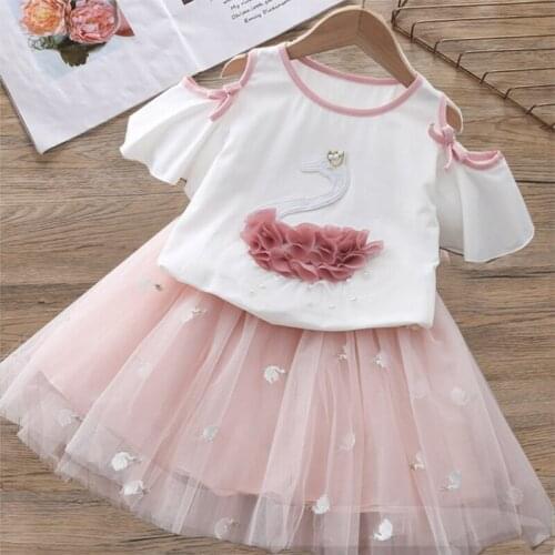 Cute Swan Mesh Princess Baby Girl Clothes Suits Fashion Strapless T-shirt Top+Skirt 2Pcs Girls Clothing Sets Casual Kids Clothes