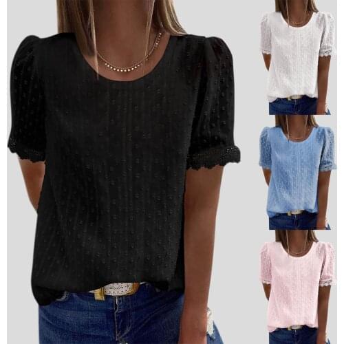 Summer Women Blouses Chiffon 2021 Elegant V Neck Short Sleeve Blouse Sexy Hollow Out Lace Ladies Solid Woman Shirt Рубашка