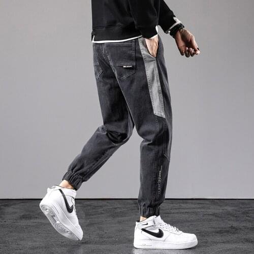 Uk-2075 High Quality Men Tapered Jeans Fashion Trendy Loose Casual Patchwork Streetwear Hip Hop Drawstring Denim Harem Pants