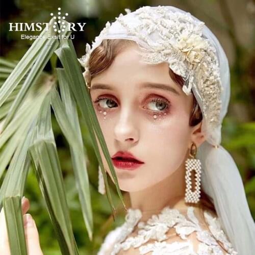 HIMSTORY New Designs White Long Bridal Veils Handmade Lace Flower beaded European Bridal Wedding Veils