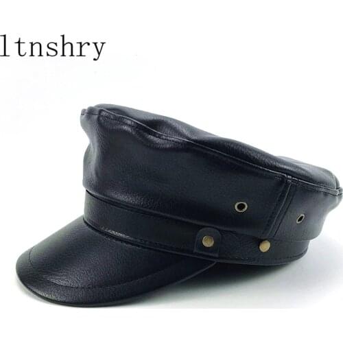 2019 Spring Summer fashion Men Women Leather Navy Hats Berets Unisex Streetwear Fitted Black Caps With Belt Outdoor Gorro
