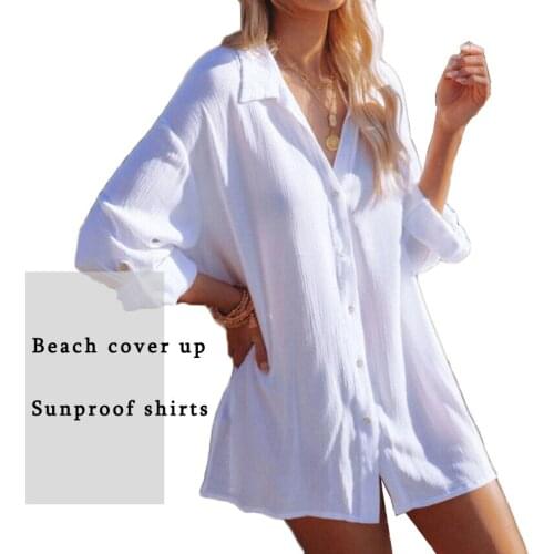 Summer Loose Shirt Dress Beach Swim Cover-up Black White Lapel Neck Female Long Shirts Breathable Casual Womens Dresses
