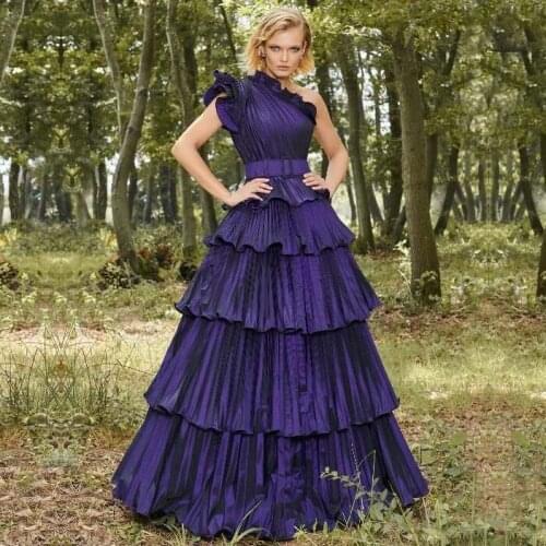 Fashion Purple One Shoulder Ruffled Neck Tiered A Line Taffeta Floor Length Prom Dresses