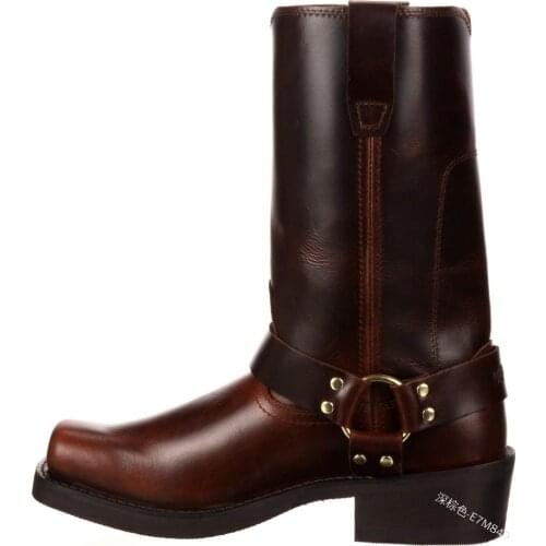 OLOMLB Mens Square Toe Belt Buckle Low Heel Chunky Mid Calf Boots Cowboy Shoes Chelsea Western 3Colors Plus Size 38-46