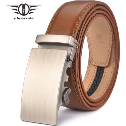 Plyesxale Brown Leather Belt Men 2021 Automatic Buckle Mens Belt For Jeans Vintage Style Mens Belts Luxury Ceinture Homme B9