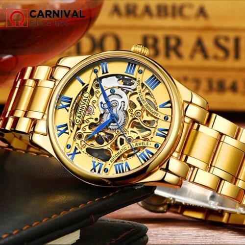 Carnival Relogio Masculino Wrist Watch Golden Men Automatic Hollow Transparent Mechanical Male Steel Band Watches Casual Clock
