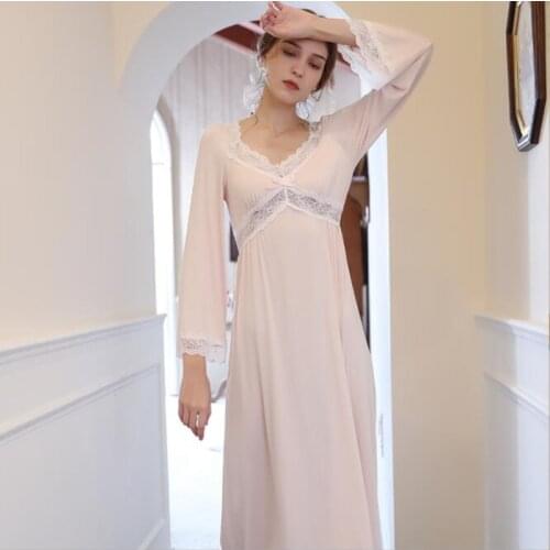 Princess Autumn Vintage Long Sleeves Nightgowns Women Sexy Lace V-Neck Modal Night Dress Girls Sweet French Style Pink Nightie