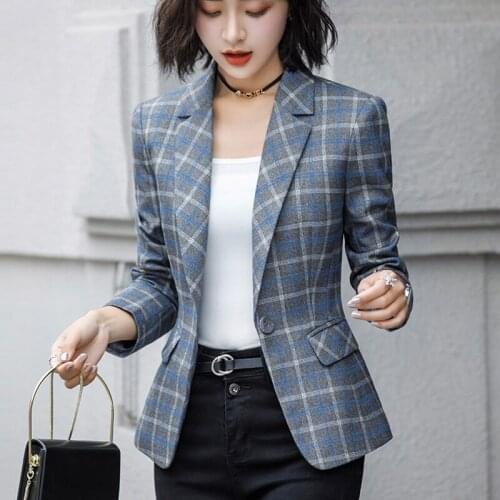 New slim waist plaid suit coat women retro long sleeve 2020 spring autumn casual all-match temperament small suit jacket female