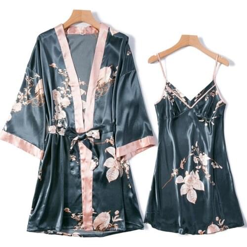 Spring And Autumn For Womens Pajamas Sexy Printing Elegant Robe Women Suspenders Sleepwear Sling Home Service 2 Piece Robe Sets