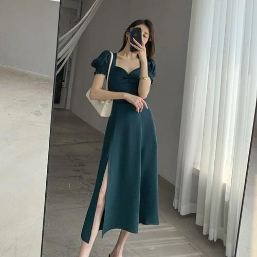 Korean Fashion 2021 Women Blue Dress Square Collar Short Sleeve Split Sexy Temperament A-line Elegant New Summer robe femme XXL