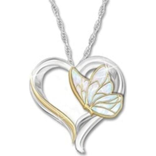 Silver Plated Alloy 2 Color Romantic Love Heart Pendant Butterfly Necklace for Elegant Women Jewelry