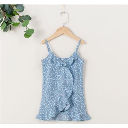 Sweet Little Girls Casual Sleeveless Slip Dress, Blue Floral Printed Pattern V-neck Off-the-shoulder Summer Sundress