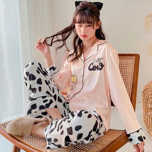 Luxury Pajamas Women Sleepwear PJS Summer Pajama Set pyjamas Turn Down Collar Faux Silk Satin Tiger cow Design Casual Female
