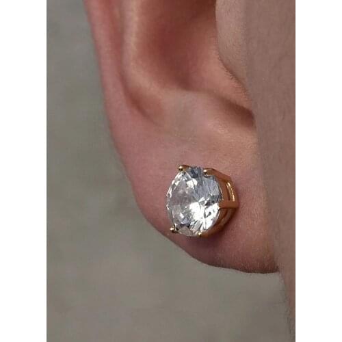Classic Male Luxury Crystal Round Stud Earrings Vintage Gold Color Hip Hop Jewelry White Zircon Stone Earrings For Men