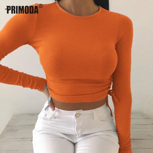 2021 Spring Autumn Sexy Tee Shirts Womens Fashion Harajuku Knitted Crop Tops Kawaii Long Sleeve T Shirts Side Drawstring PR1799G