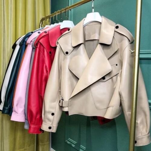 2021 New Women Genuine Sheep Leather Jacket Short Loose Leather Motorcycle Leather Clothing Female Short Natural Sheep Coats