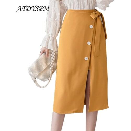 Elegant Women Midi Skirt One-Piece Sashes High Waist A-line Skirts Female Casual Breasted Slit Skirt Office Lady Work Wear Skirt