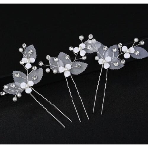 Women Pearl White Yarn Flower Hair Combs Wedding Hair Accessories Hair Pin Rhinestone Tiara Bridal Clips Bride Hair Jewelry