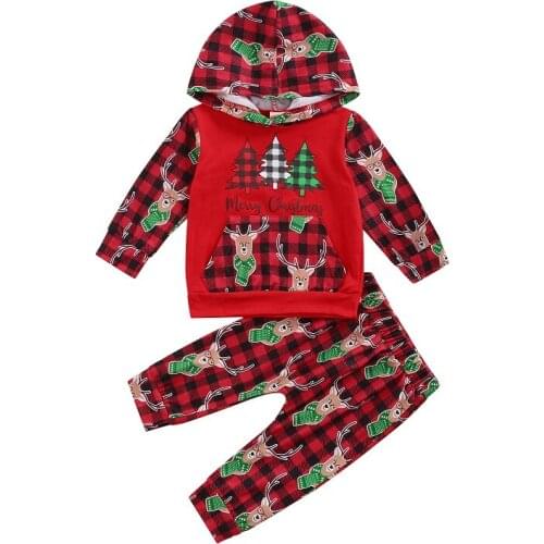 0-2Y Xmas Newborn Baby Boy Girl Long Sleeve Pullover Tops Deer Print Plaid Long Pant Trouser 2PCS Outfits Autumn Clothes Set