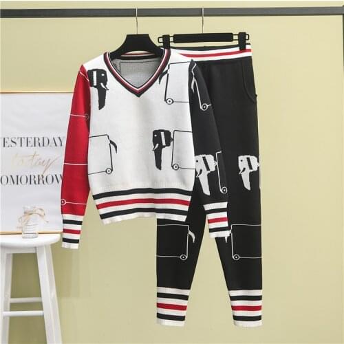 New Autumn Womens Tracksuit Abstract Pattern Jacquard V-neck Knit Pullover Sweater And Long Pants 2 Piece Casual Knit Set