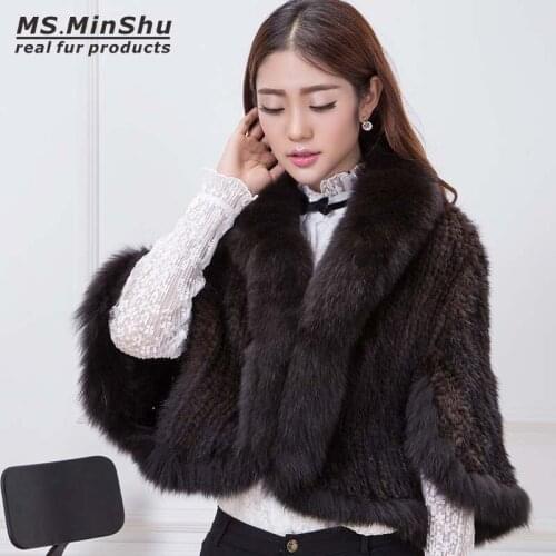 Ms.MinShu Mink Fur Poncho Jacket Hand Knitted Mink Fur Coat Fox Fur Collar Women Outwear Sleeveless Woven Mink Fur Cape