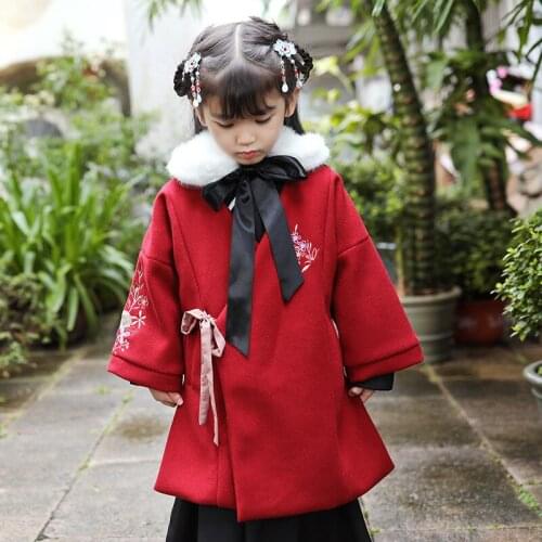 Winter Girls Chinese National Style Warm Parkas Coat Girl Retro Red Long Coat Traditional Plus Velvet Dress Embroidery Clothes
