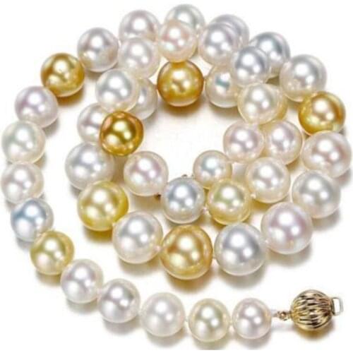 14k gold 10-11mm freshwater round gold white multicolor pearl necklace 18inch