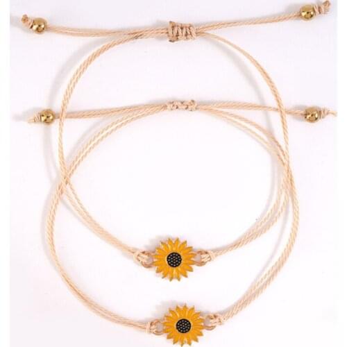2pcs/set Sunflower Charms Braided Bracelet Women Lover Friendship Adjustable Rope Daisy Wristband Jewelry Card Gift