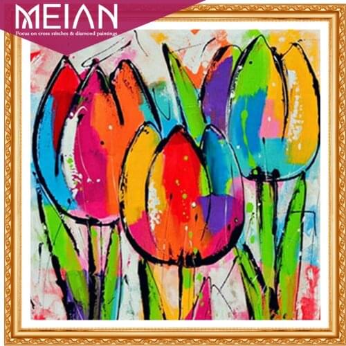 2020 Meian flower paint with diamond Pink Tulips full diamond mosaic Flowers diy crystal diamond painting pattern kits mosaic