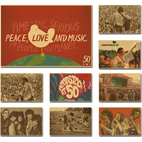 30x45cm Woodstock 1969 Retro Kraft Paper Poster Classic Love Peace Music Big Posters Brown Paper Vintage Wall Decor Art Painted