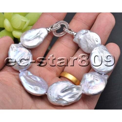 P5974 8" 25mm Baroque Coin Gray Freshwater Pearl Bracelet CZ Women Fashion Jewelry