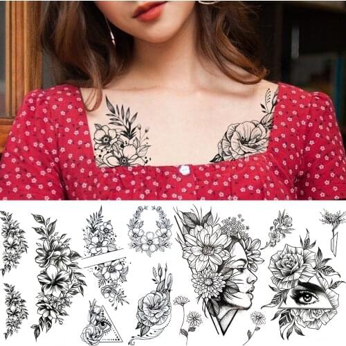 Black Rose Flower Temporary Tattoo Sticker For Women Female Realistic Demon Eye Girl Daisy Fake Tattoos DIY Waterproof Tattos