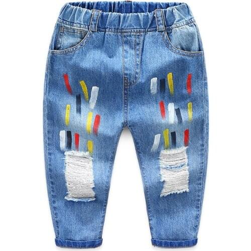 Denim Jeans For Boy 2021 New Novelty Spring Autumn 2 3-8 9 10 Years Teenage Children Hole Elastic Kids Baby Boy Long Jeans Pants
