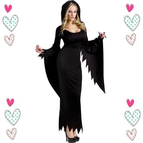 Hot Black Floor Length Ghost Witch 2016 New Sexy Woman Halloween Fancy Cosplay Carnival Costumes Dress With Hat