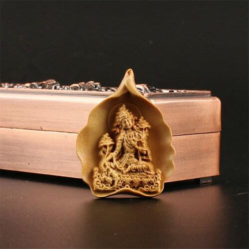 Chinese Exquisite Boxwood Hand Engraving Green Tara Bodhisattva Pendant Buddha Statue Small Gift