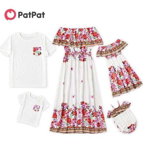 PatPat 100% Cotton Floral Print Family Matching Sets(Off-shoulder Dresses for Mom and Girl ; White Short Sleeve T-shirts for Dad