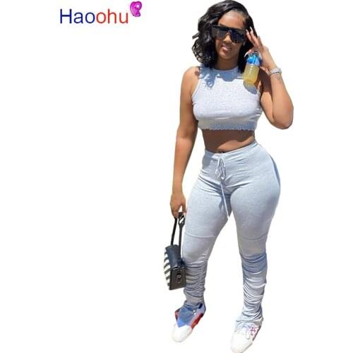 HAOOHU Two Piece Set Summer Clothes for Women Crop Top Slit Hem Stacked Leggings Pants 2 Piece Matching Sets Sexy Club Outfits