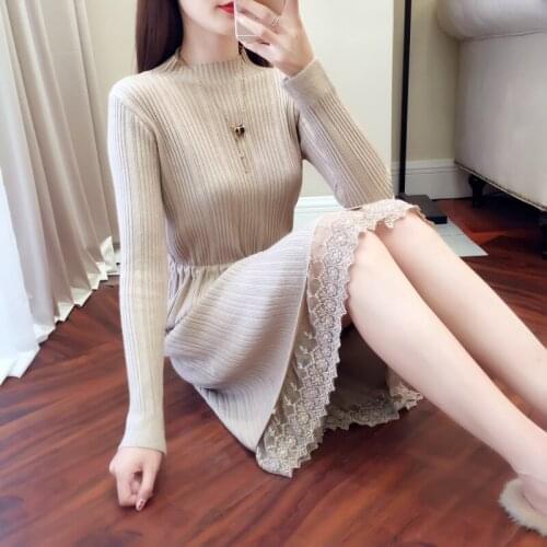 2020 Autumn Winter Sweater Dress Womens Turtleneck Long Sleeve A Line thick Lace Knitted Dress Bodycon Female Slim Girl Dresses