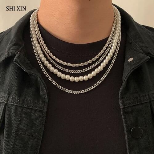 SHIXIN 4 Pcs Pearl Beads Thick Link Chain Choker Necklace Set Men/Women Hip Hop Multi Layered Necklace Chain on the Neck Jewelry