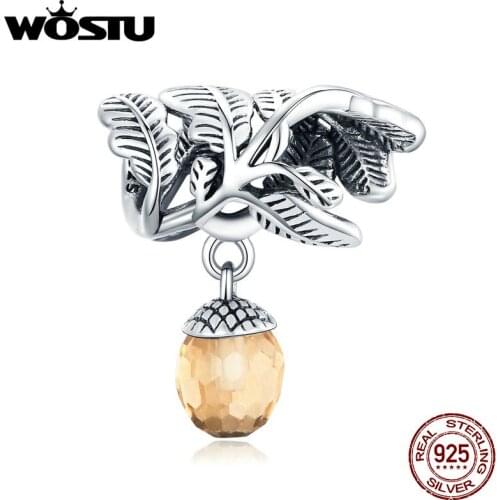 Wostu Genuine 925 Sterling Silver CZ Lucky Pine Cone Original Oxidized silver Charm for Brand DIY Jewelry Make BSC336