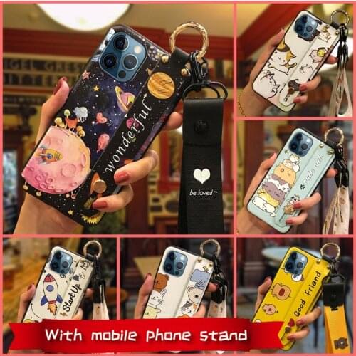 Anti-knock Back Cover Phone Case For iphone 12 Pro Max Kickstand Cover TPU Cartoon Wrist Strap