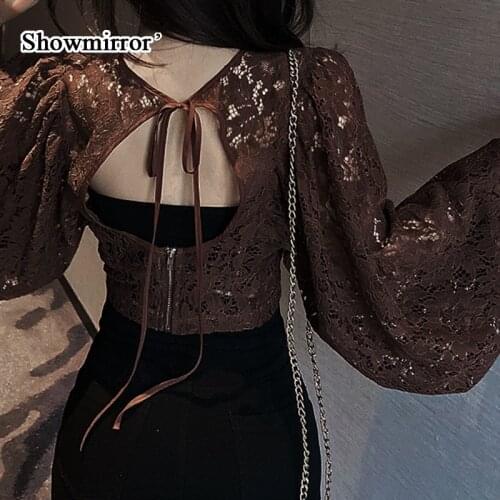 Showmirror G Sexy Gothic Mesh Crop Tees Clubwear Transparent Button Up Fishnet Top Crewneck Slim Heart Print Vintage Cloth