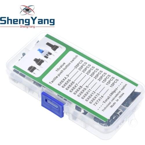 ShengYang 10 Values 180PCS Tactile Push Button Switch Mini Momentary Tact Assortment Kit DIY