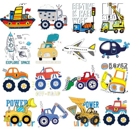 Thermo-Stickers For Clothes Patches Ironing Applications Excavator Car Airplane Steamer Mixer Truck Stripes Patches For Children